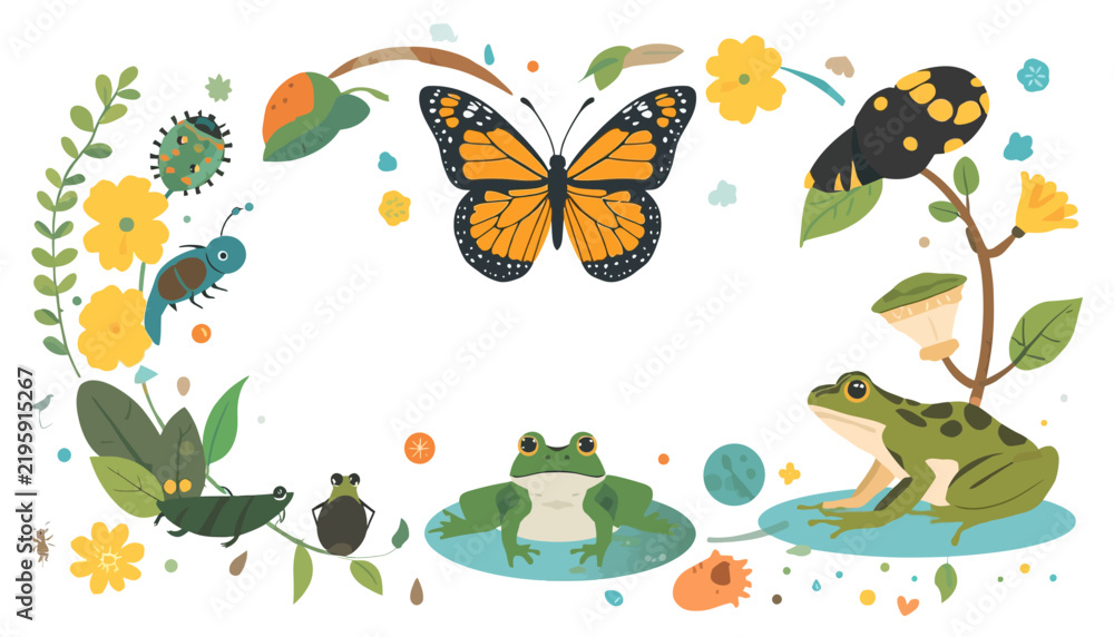 Obraz premium Butterfly, frogs, and botanical elements form a decorative floral frame around a blank space.