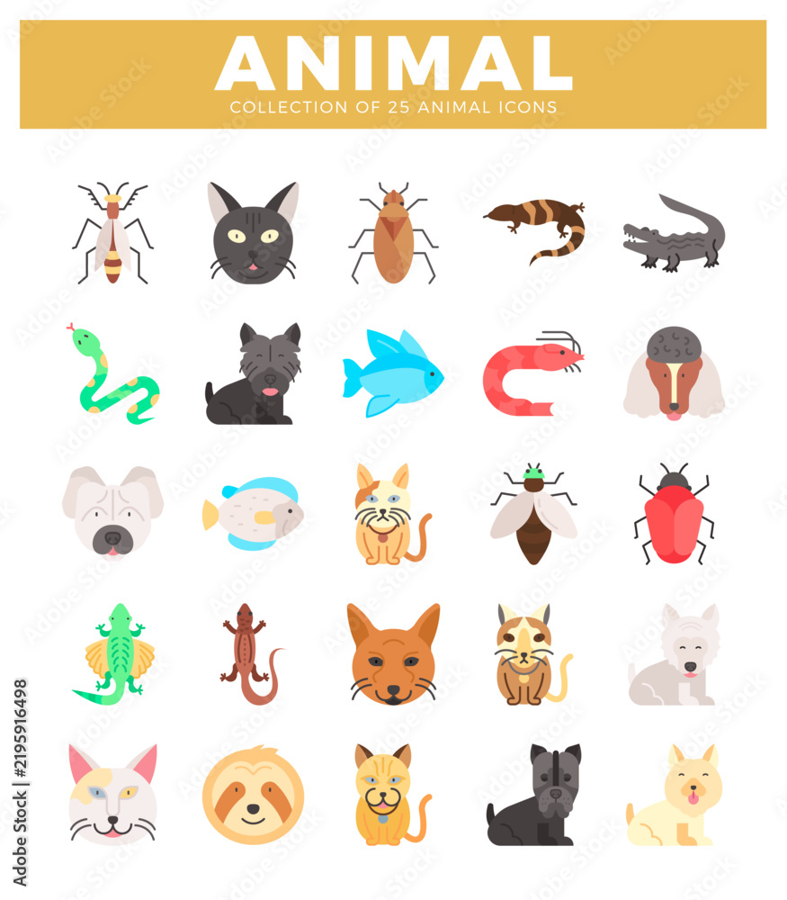 Fototapeta premium diverse animal icons in a flat vector style against a white background