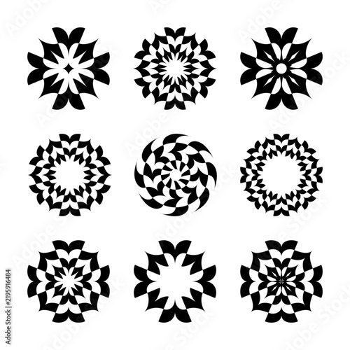 Set of Decorative Radial Design Elements in Circle and Cross Shape. 