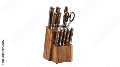 Professional kitchen knife set in wooden block, premium stainless steel cutlery with wood handles, culinary chef tools for home cooking isolated PNG with Transparent Background