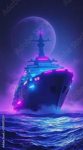 A ship moves through dark water at night. Bright lights illuminate the vessel and the sea. A large full moon shines in the sky enhancing the scene