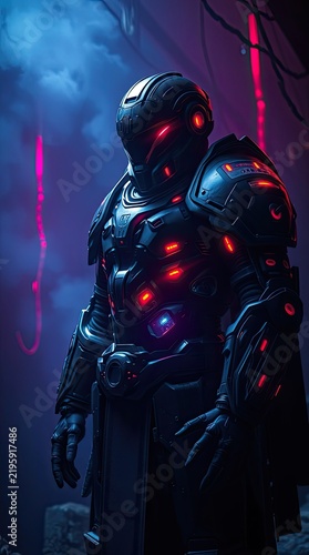 A unique armored figure stands in a dark space filled with colorful lights and smoke. The scene creates a mysterious and intense atmosphere at night
