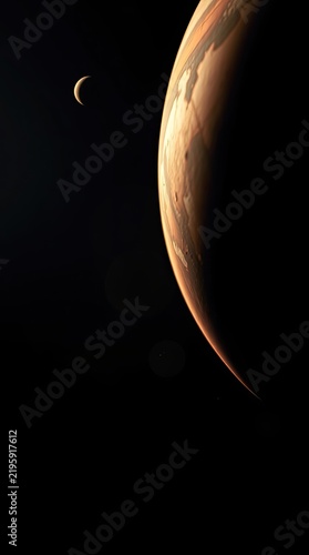 Mars is shown in a close view against a dark background with its moon visible in the distance. The scene captures a moment in outer space