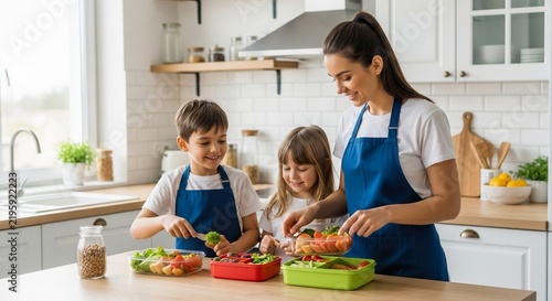 Young mother and two children preparing healthy food together in a bright, modern kitchen
