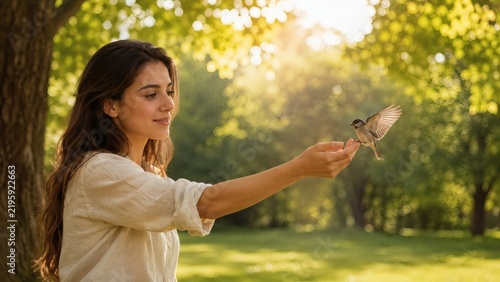 Woman Feeding Hummingbird in Sunlit Summer Garden