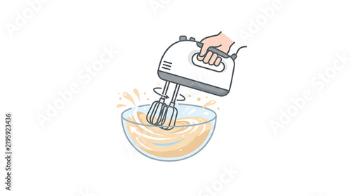 A hand held electric mixer blending ingredients inside a glass bowl for food preparation