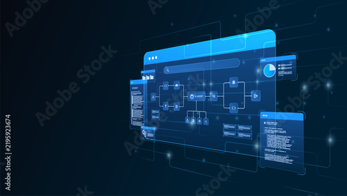 AI workflow automation artificial intelligence. futuristic ai system architecture and automation workflow visualization with code panels, connected modules, and data pipelines.