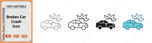 Set of broken car crash icons, vector illustration of vehicle accident symbols for insurance or automotive repair services