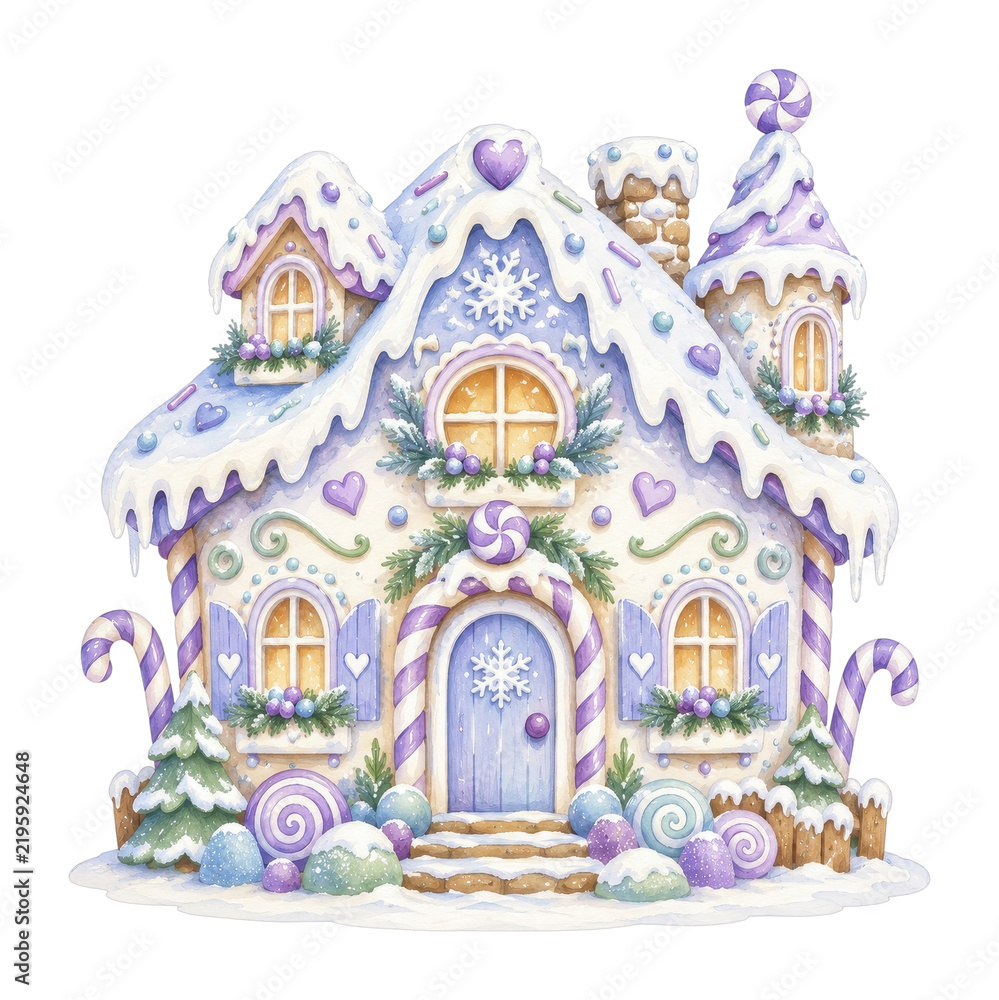 Obraz premium PNG Whimsical purple gingerbread house covered in snowy holiday icing
