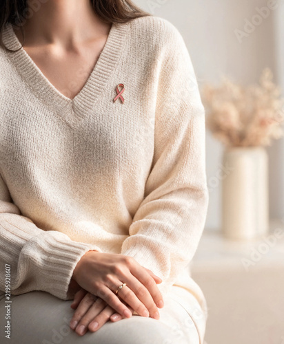 Woman wearing a white sweater with a pink ribbon pin for breast cancer awareness