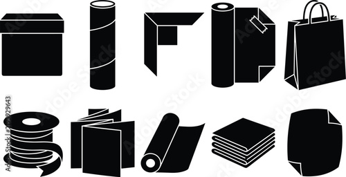 Packaging and Paper Material Silhouette Set with Boxes, Rolls, and Bags