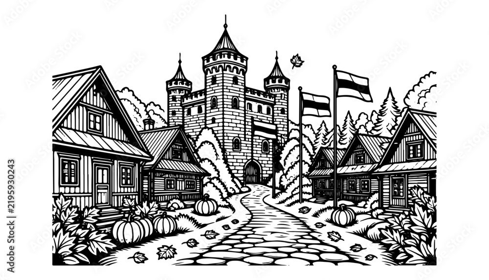Obraz premium Traditional European Medieval Village with Grand Castle, Cobblestone Street and Rustic Houses Line Art