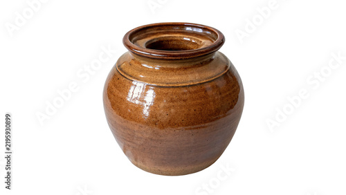 Fotografie Traditional rustic round brown clay ceramic pot jar isolated on transparent background