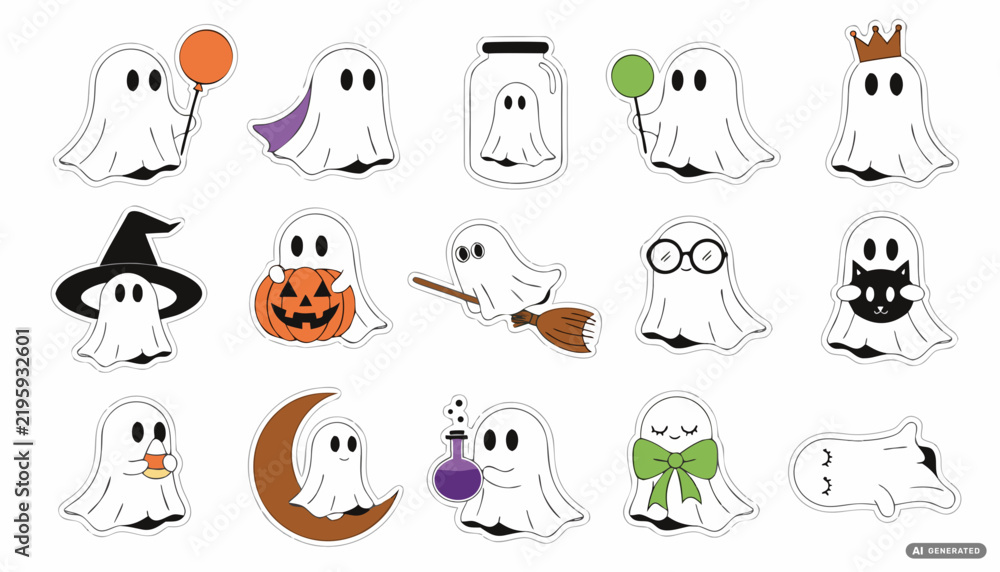 Fototapeta premium Halloween white ghost vector set with pumpkin hat and broom