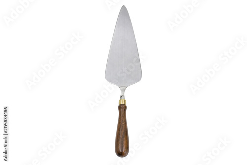 Sleek silver metal cake server with a dark wooden handle is positioned vertically on a clean white background