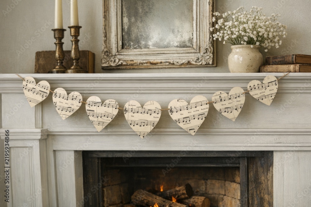 Fototapeta premium Romantic fireplace decor with multiple paper hearts