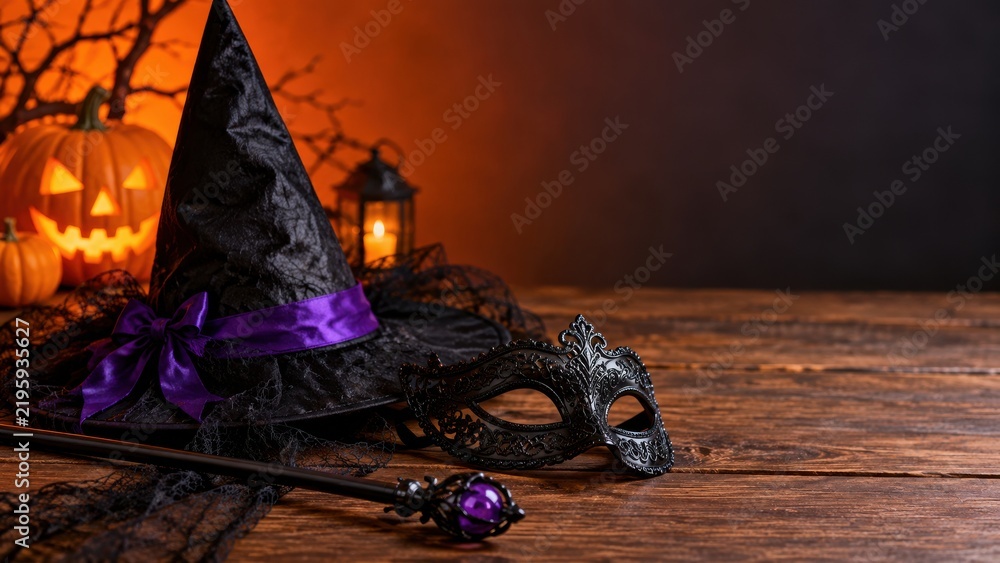 Naklejka premium 魔女の帽子と仮面が並ぶハロウィンコスチューム小物