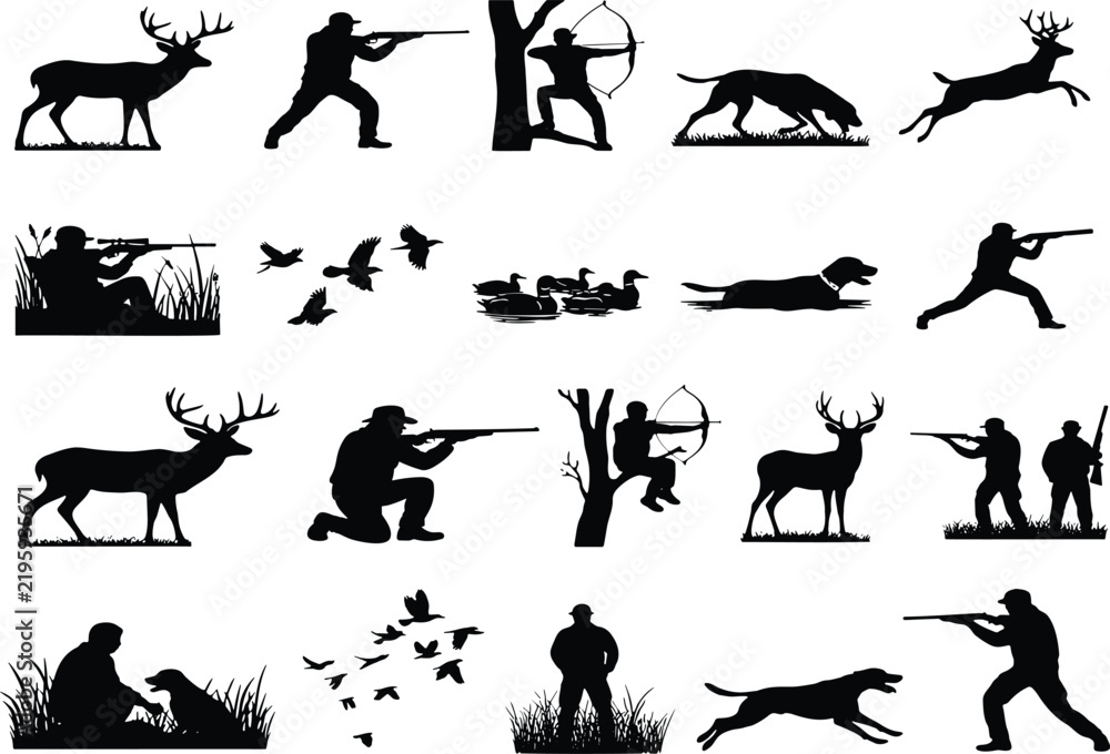 Fototapeta premium Hunting Wildlife Silhouette Collection with Hunters, Deer, Birds, Dogs and Archery Scenes