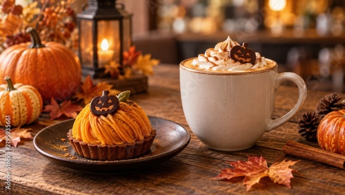 ハロウィンのパンプキンスイーツとラテのカフェ風テーブル