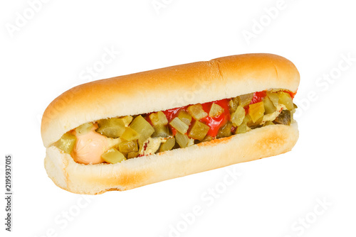 hot dog with cucumber salad and ketchup