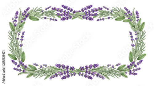 Watercolor lavender flower frame border green herb foliage design
