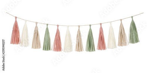 Fotografie Delicate pastel-colored tassel garland, crafted from paper raffia, hangs gracefu