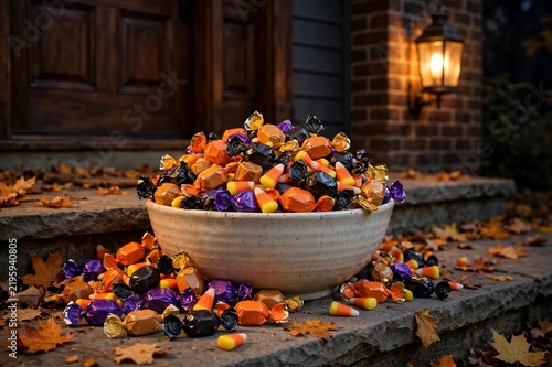 Ceramic bowl of wrapped Halloween candy on a doorstep at night