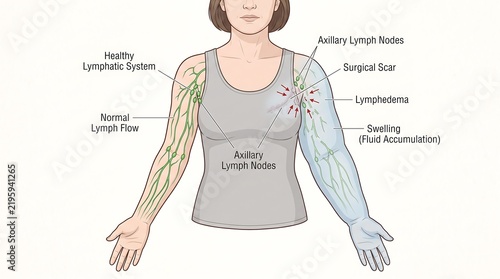 Medical illustration showing lymphedema in the arm after axillary surgery, highlighting fluid accumulation and disrupted lymph flow compared to a healthy lymphatic system