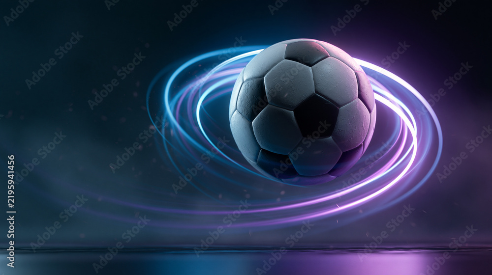 Fototapeta premium Soccer ball moving through air surrounded by dynamic trails of glowing blue and purple light for athletic motion graphics.