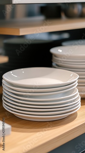 Stacked ceramic dinner plates on a wooden shelf in a modern kitchen display setting