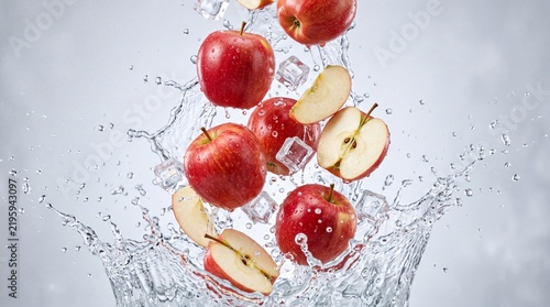 Фотография Fresh apple healthy fruit water splash ice cube juicy red refreshing natural cle