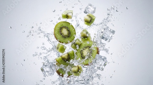 Принти на полотні Fresh kiwi fruit slice, green tropical fruit, ice cube, and water splash create
