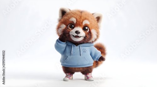 Cute red panda character wearing a casual hoodie and standing upright on a clean white background with a playful expression.