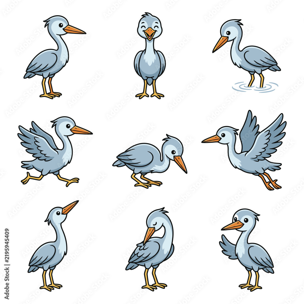 Fototapeta premium Cute Grey Heron Bird Character Set in Various Poses for Children Vector Illustration Collection