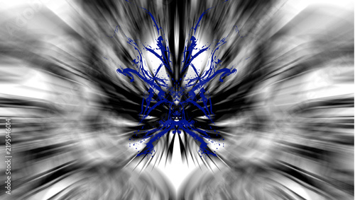 Arte abstracto simétrico: centro azul vibrante, con salpicaduras, rodeado de líneas negras y blancas difuminadas que irradian movimiento y profundidad.