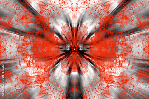 Composición abstracta simétrica: explosión radial de rojos, negros y grises, centro dinámico, texturas marmoleadas y sensación de energía y profundidad.