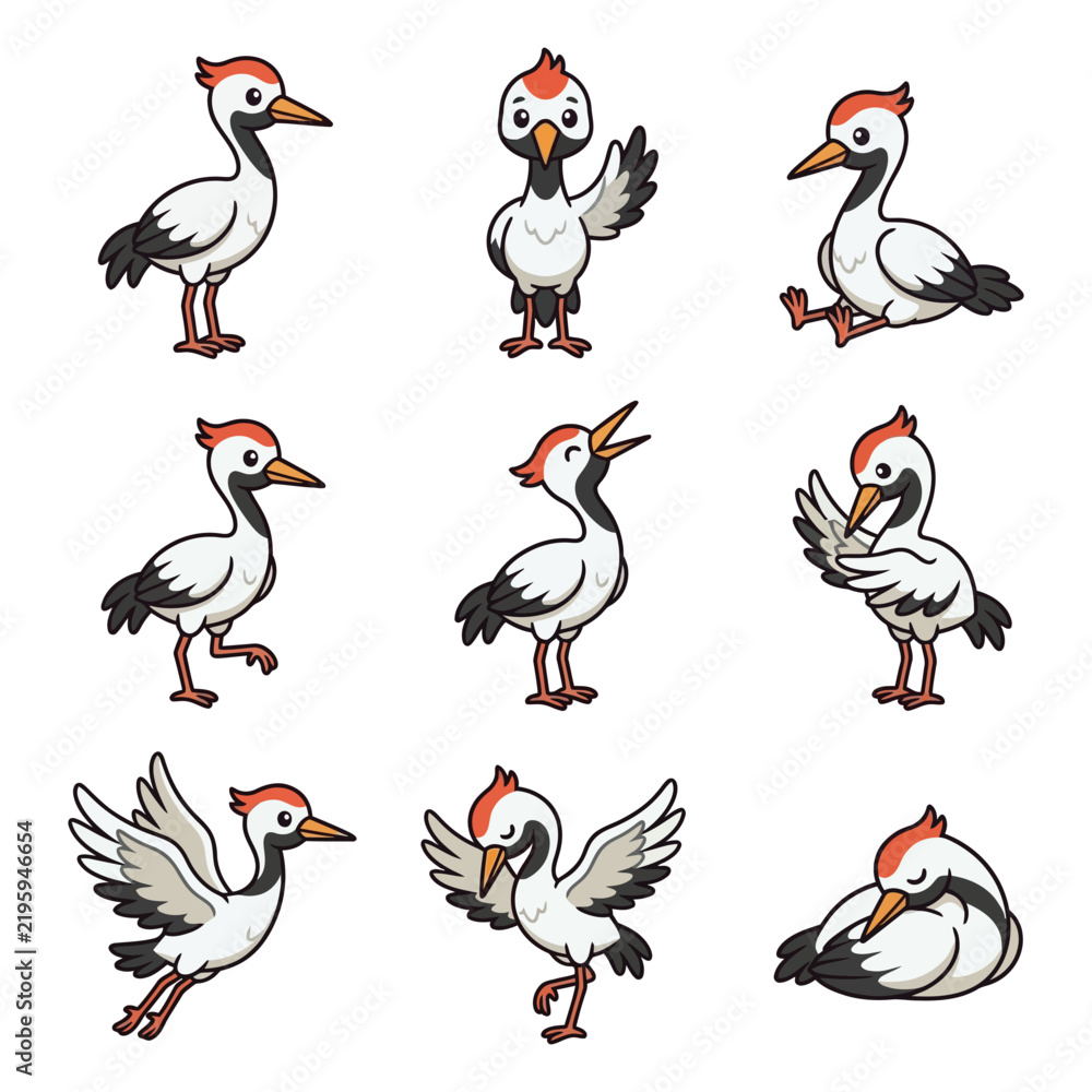 Obraz premium Set of Nine Cute Cartoon Red Crowned Crane Bird Illustrations in Various Poses and Expressions