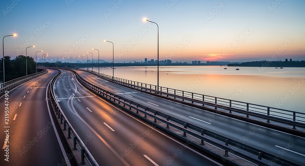 Fototapeta premium Illuminated modern highway bridge extending over calm water at sunset hour