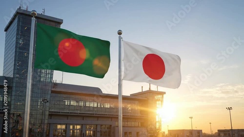 Flags of bangladesh and japan waving together at modern airport terminal during golden hour sunset national flags