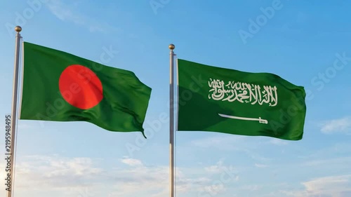 Bangladesh and saudi arabia flags waving together against clear blue sky: international relations and diplomatic cooperation concept