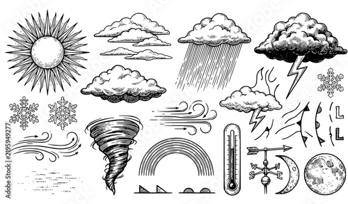 Vintage Meteorology Weather Symbols Black Ink Sketch Vector Collection
