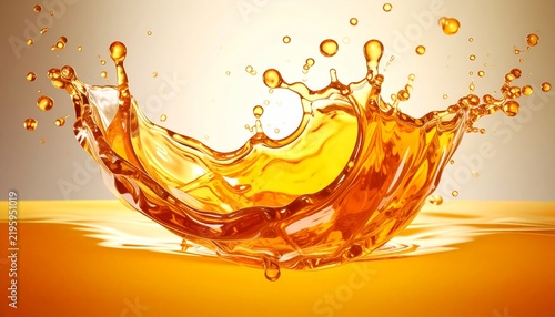 Dynamic splash of golden orange juice or honey with flying droplets, realistic liquid wave crown illustration