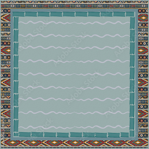 Abstract Geometric Digital Background: Modern Ethnic Tribal Pattern with Geometric Aztec Ornamental Border, Wavy Line Texture, and Square Frame Teal Blue