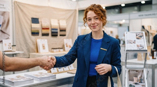 Generative AI, Businesswoman handshake at trade show exhibition booth