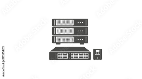 Professional Network Server Rack Hardware Icon Featuring Stacked Data Storage Units and Ethernet Switch Connectivity Equipment for Modern IT Infrastructure