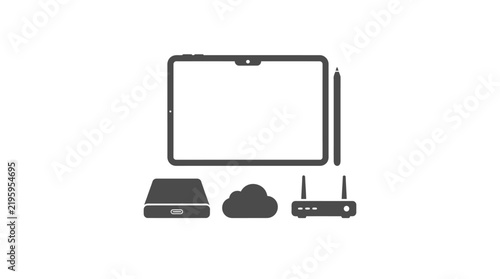 Digital Device Icons Featuring Tablet Computer Stylus External Hard Drive Cloud Storage and Network Router Wireless Communication Technology