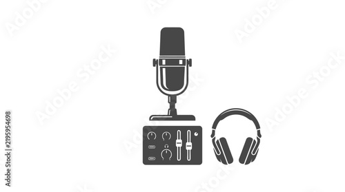 Professional Audio Recording Equipment Set Featuring A Studio Microphone Sound Mixing Console And Headphones For Podcast Production And Broadcasting