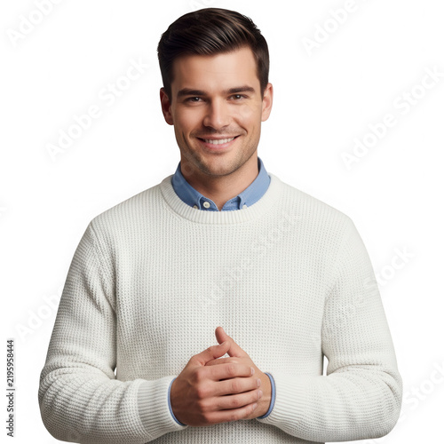 Happy young man wearing a white sweater and blue shirt isolated on transparent background