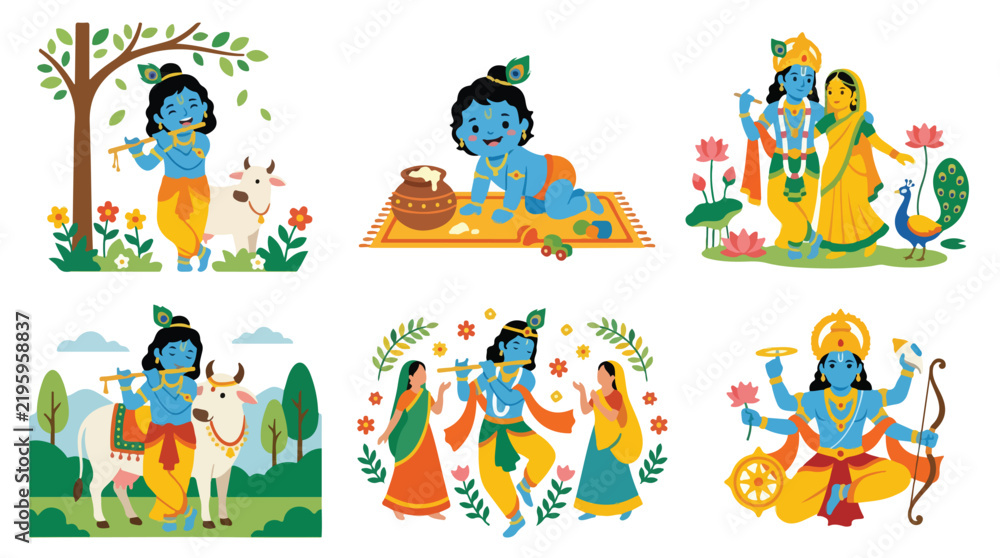 Fototapeta premium Cute Krishna flat character set. Janmashtami celebration, little Bal Krishna, flute player, and Vishnu avatar. Clip art isolated on white background.