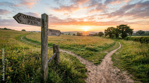 Path Fork At Sunrise In Rolling Green Countryside